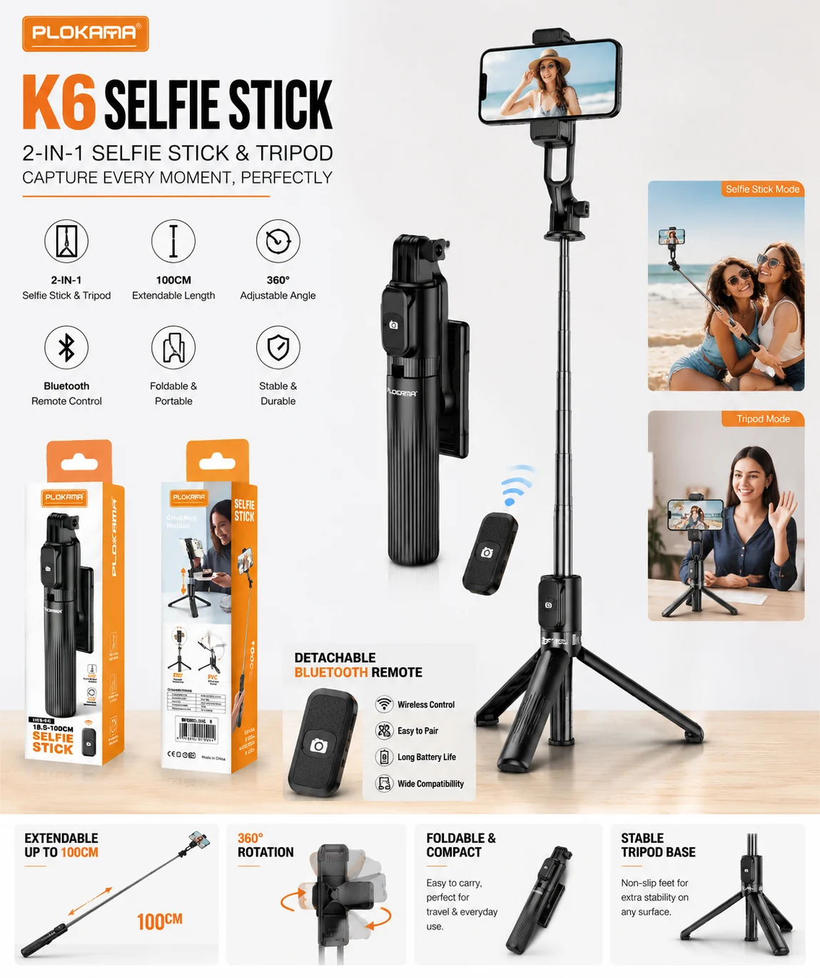 PLOKAMA LIVE K6 100CM SELFIE STICK